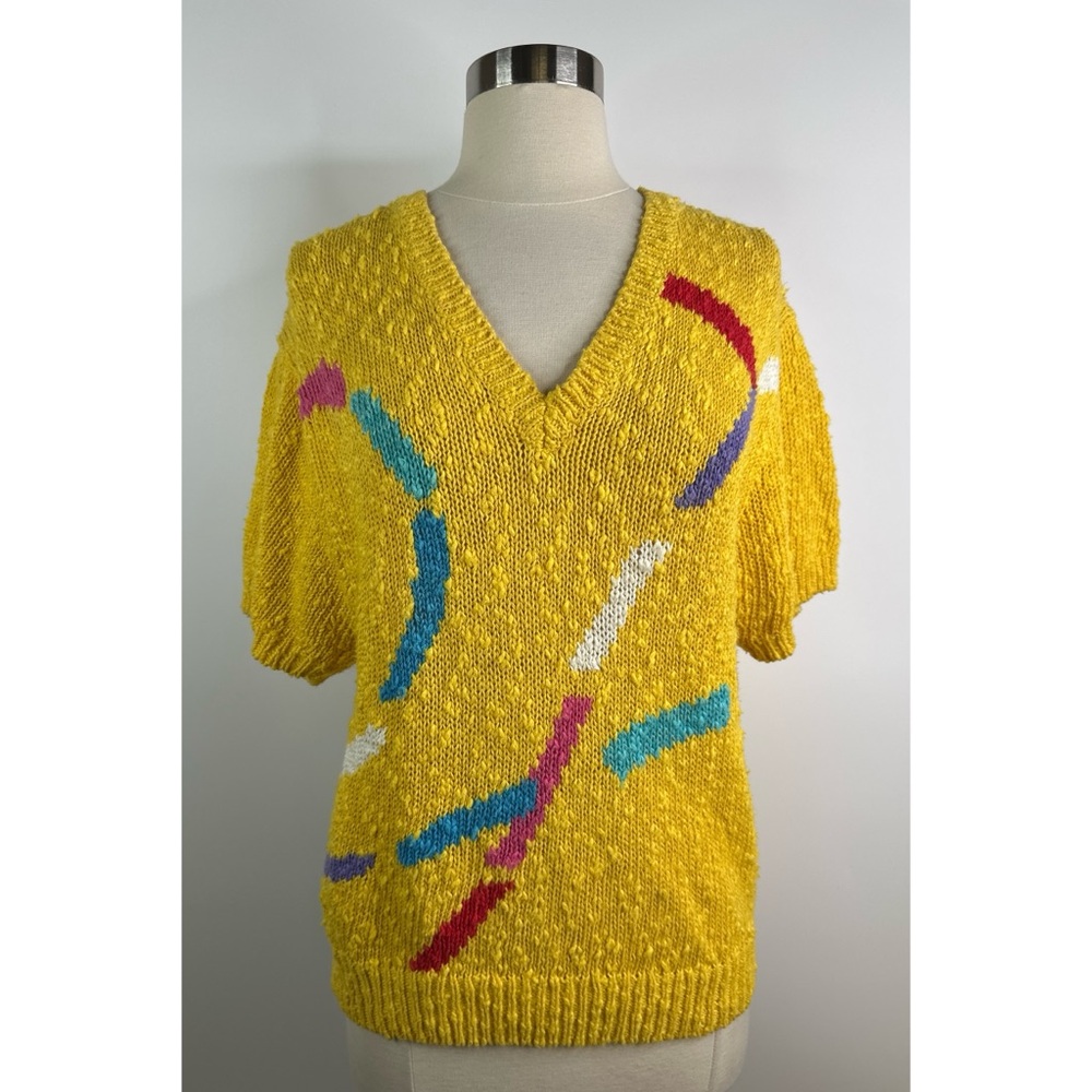 Vintage Laura Peterson Ramie Cotton Colorful V-Neck Sweater
